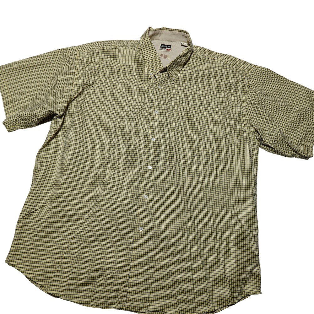 Haggar Shirt Mens 2XL Yellow Check Short Sleeve Button Up Wrinkle Resistant